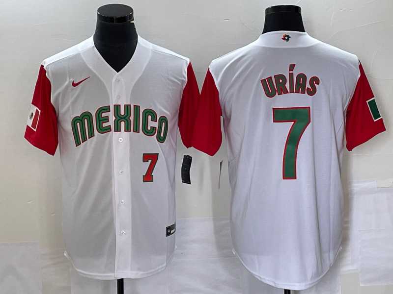 Men%27s Mexico Baseball #7 Julio Urias Number 2023 White Red World Classic Stitched Jersey 51